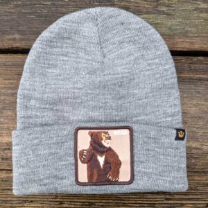 Grey Goorin Bros Beanie with embroidered bear patch (front view)