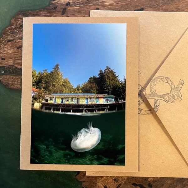 A handmade card with a photograph on the cover showing both Gods' pocket resort above water, and a moon jelly fish under water